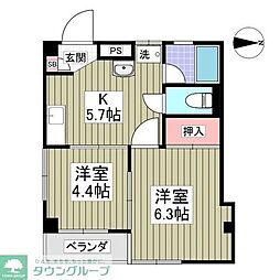西武新宿線 武蔵関駅 徒歩15分の賃貸マンション 3階2DKの間取り