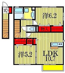 JR総武本線 市川駅 徒歩21分の賃貸アパート 2階2LDKの間取り