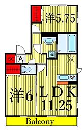 都営新宿線 篠崎駅 徒歩16分の賃貸アパート 2階2LDKの間取り