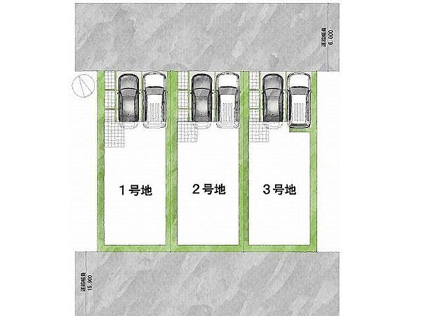 【区画図】2号地道路：北東向き・幅員6m・南西向き・幅員15.9ｍ土地面積：103.78平米