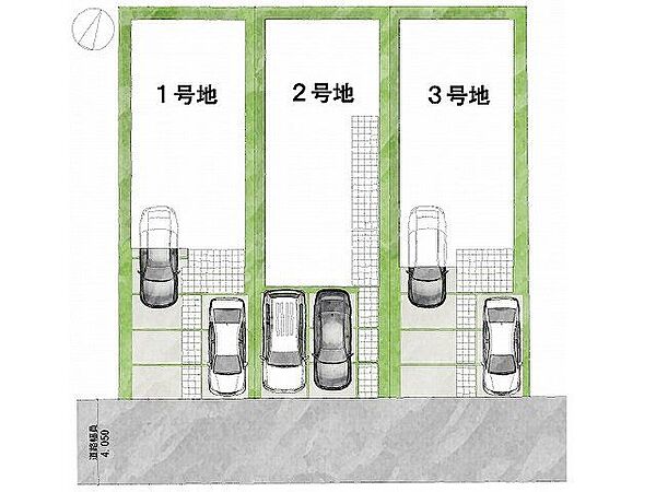 【区画図】1号地道路：南東向き・幅員4m土地面積：121.04平米
