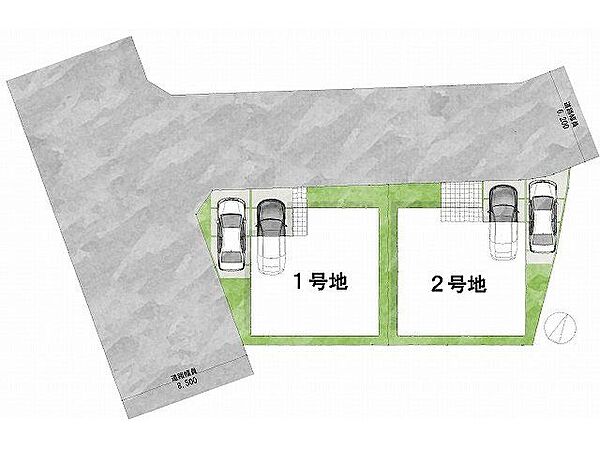 【区画図】1号地道路：南西向き・幅員10.7m、北西向き・幅員6.1m土地面積：110.62平米