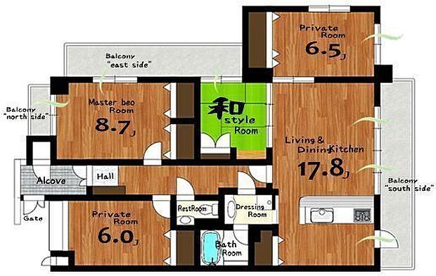 【layout】2階の角部屋に位置する4LDKのゆとりのある部屋タイプ。