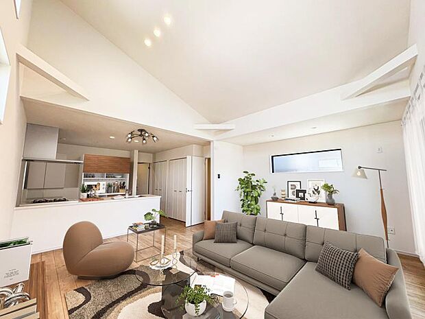 リビング(配置してある家具はCGによるイメージです)吹き抜け天井のため、空間が広く感じられます。窓からの光はリビングを明るく照らしてくれます。