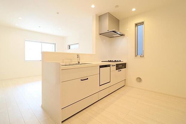 広々とした対面式キッチンスペース。食洗機と浄水器が付き、収納力もあるキッチンはお料理が捗ります。横には小窓もあります。