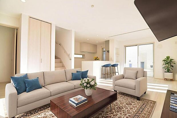 リビング(配置してある家具はCGによるイメージです)ゆとりあるキッチンスペースを備えるリビングは家族が1番くつろげる癒しの空間。動線を繋ぐリビングin階段で開放的な室内に挨拶の声が元気に響きます。