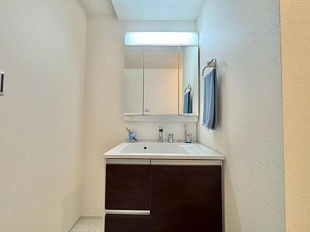 洗顔や手洗いはもちろん、シャンプーも行える多機能洗面台。収納力のある三面鏡を採用することで洗面台周りもスッキリした空間に。