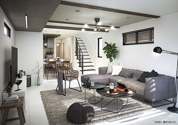 リビング完成予想図　ここにはみんなが集い、食事と楽しい会話が始まる。話に夢中になりすぎて、ついつい時を忘れ夜半過ぎになってしまう。そんな束の間の幸せを感じさせてくれます。