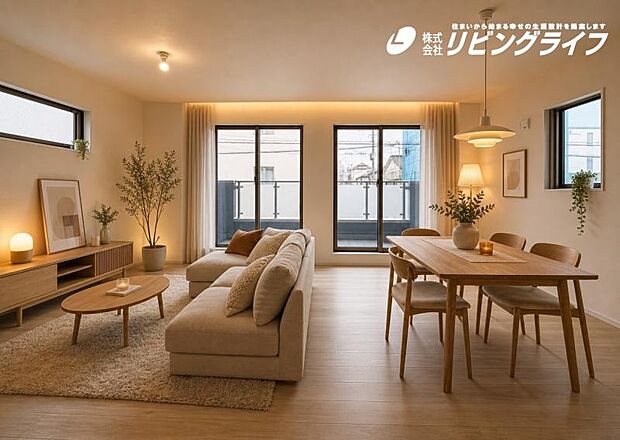 家具はCGによるイメージです。家族が集まるリビングは明るさが取れる設計に。続き間の洋室はお子様を遊ばせるスペースとしても重宝します。ライフスタイルの変化にも対応しやすい間取り設計にしました