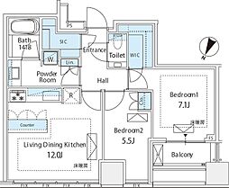 プレミストタワー白金高輪 2LDKの間取図画像