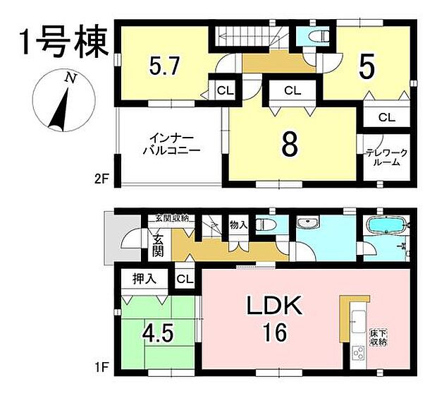 1号棟 4LDK+S 土地面積208.62m2 建物面積105.30m2