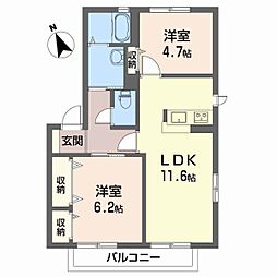 リヴェール森A 2LDKの間取図画像