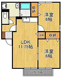 サニーフラット若園B 2LDKの間取図画像