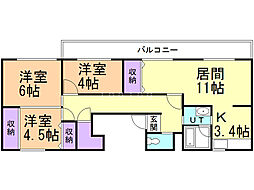 ビレッジハウス発寒1号棟 3LDKの間取図画像