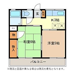 高野ハイツB棟 1階2Kの間取り