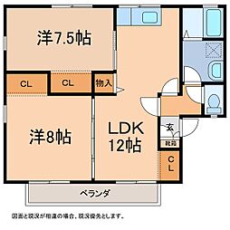 パークタウン塩川B棟 1階2LDKの間取り