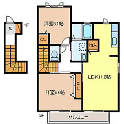 マストタウン檀田S棟 2階2LDKの間取り