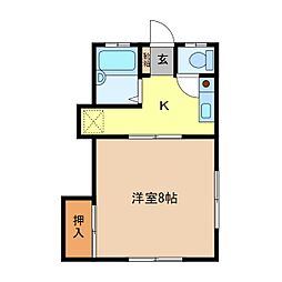 上松ハウスB棟 1階1Kの間取り