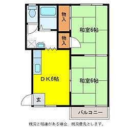 スクエアーハウス 2階2DKの間取り