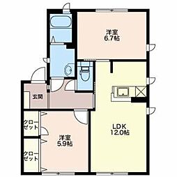 ガーデンテラス倉石S棟 1階2LDKの間取り