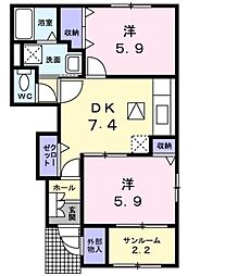 オレンジ・ピークスA 1階2DKの間取り