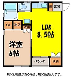 サン・シティ伊那B 3階1LDKの間取り