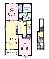 JR飯田線 田畑駅 徒歩16分の賃貸アパート 2階2LDKの間取り