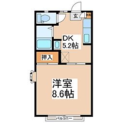 ハイツ北浦 1階1DKの間取り