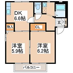 ディアス瓜田B 2階2DKの間取り