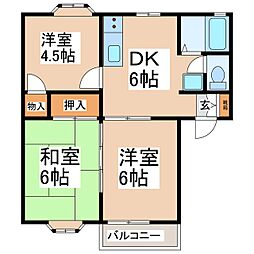 グリーンヒルミサワB棟 2階3DKの間取り
