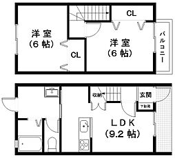JR北陸本線 長浜駅 徒歩30分の賃貸テラスハウス 2LDKの間取り