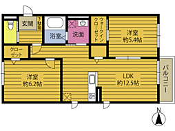 スマッシュ皆春 2LDKの間取図画像