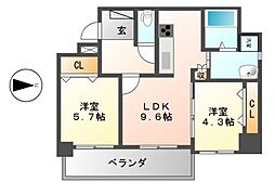 プライムコート 5階2DKの間取り