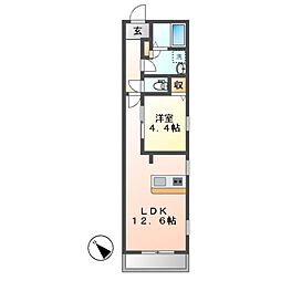 クラージュ平安 2階1LDKの間取り