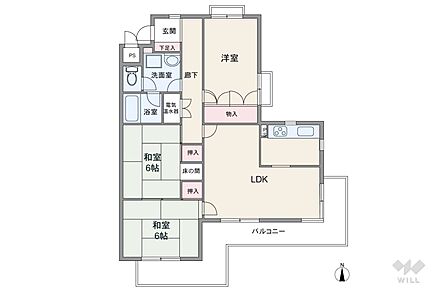 間取りは専有面積76.2平米の3LDK。クランク状のバルコニーに和室とLDKが面したプラン。和室2部屋は続き間になっており、襖を開放して約12帖の大きな一間としても使用可能。