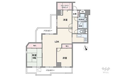 間取りは専有面積83.26平米の3LDK。全居室がバルコニーに面したプラン。LDKはスペースを分けて使いやすいクランク状です。キッチンは生活感が伝わりにくい独立型。
