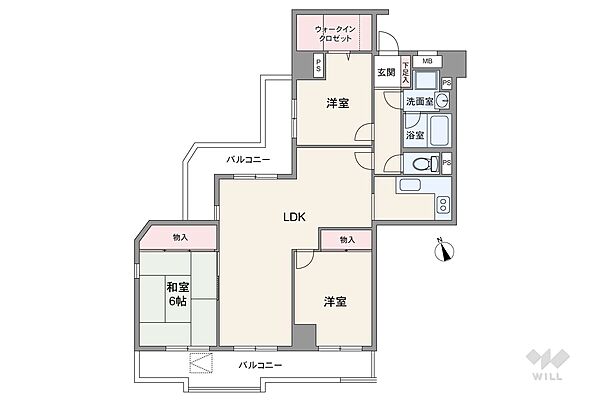 間取りは専有面積83.26平米の3LDK。全居室がバルコニーに面したプラン。LDKはスペースを分けて使いやすいクランク状です。キッチンは生活感が伝わりにくい独立型。