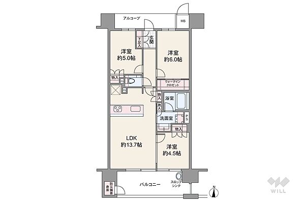 間取りは専有面積66.53平米の3LDK。採光性が高く換気がしやすい田の字型のプラン。キッチンと洗面室（洗濯機置場）の距離が近く炊事・洗濯の家事動線に優れています。