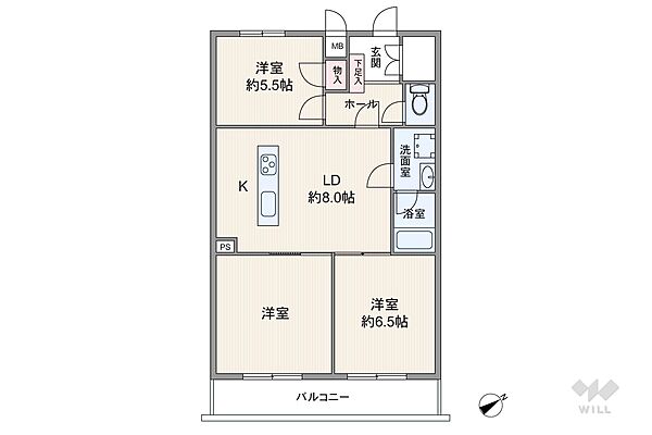 間取りは専有面積66.7平米の3LDK。センターリビングのプラン。個室3部屋のうち2部屋はLDKを通ってアクセスする、家族が顔を合わせやすい造りです。キッチンは回遊性のあるアイランド型。