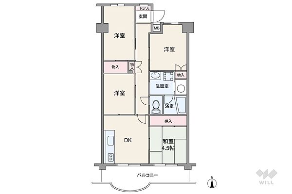 間取りは専有面積64.37平米の4DK。バルコニー面積は9.61平米です。