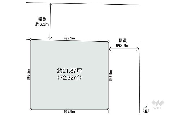 敷地面積72.32平米の整形地。北・東の2方向を接道する角地で、開放的。周辺は坂道のない平坦な地勢で、斜面や路地などはありません。