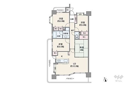間取りは81.48平米の4LDK。横長リビングで、クランチした窓が特徴的です。L字型のバルコニーが開放的。各居室もゆとりある広さが確保されています。