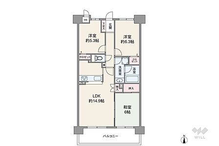 間取りは専有面積71.2平米の3LDK。LDK約14.9帖の縦長リビングのプラン。バルコニー面積は16.14平米です。