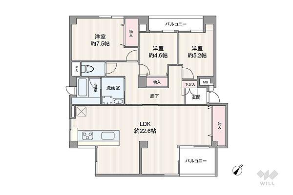 間取りは専有面積96.92平米の3LDK。LDK約22.6帖のセンターイン・横長リビングのプラン。複数方向に採光部があり、バルコニー面積は9.1平米です。