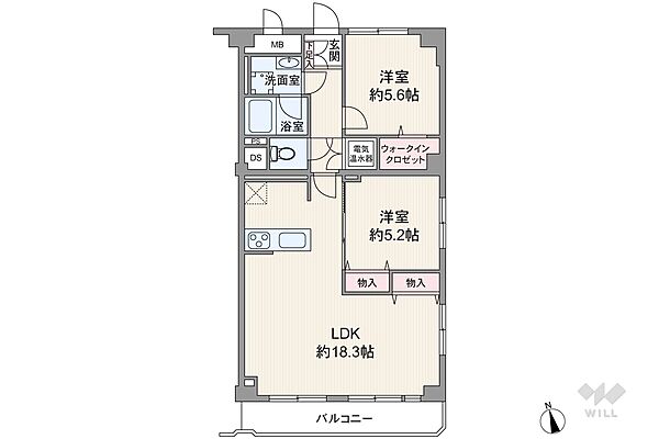 間取りは専有面積65.89平米の2LDK。LDK約18.3帖のプラン。バルコニー面積は7.11平米です。