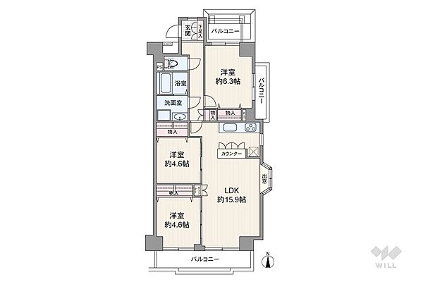 間取りは専有面積72.76平米の3LDK。LDK約15.9帖。バルコニー面積は14.15平米です。