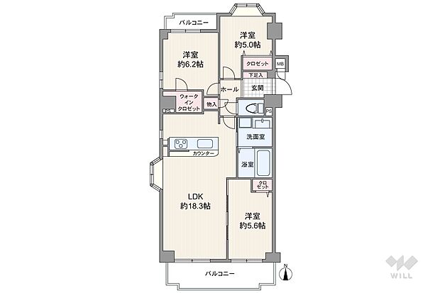 間取りは専有面積75.86平米の3LDK。両面バルコニーで全室が共用廊下に面さず独立性の高いプラン。LDKは約18.3帖とゆとりがあり、隣接する洋室と繋げて使用することもできます。