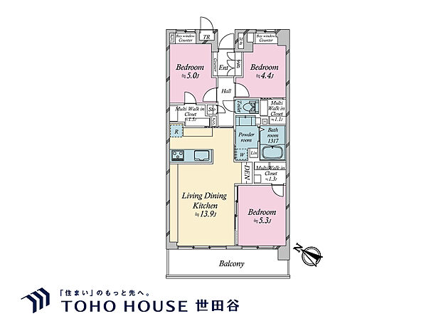 3LDK、専有面積67.95m2、バルコニー面積9.3m2