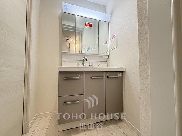 3面鏡にもなる洗面台は収納豊富ですっきり収納できますね。