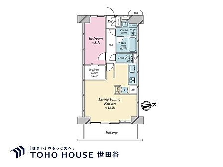 1LDK、専有面積45.11?、バルコニー面積6.28?